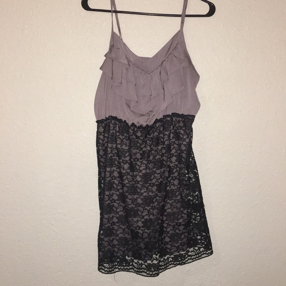 Purple ruffle, black lace dress
